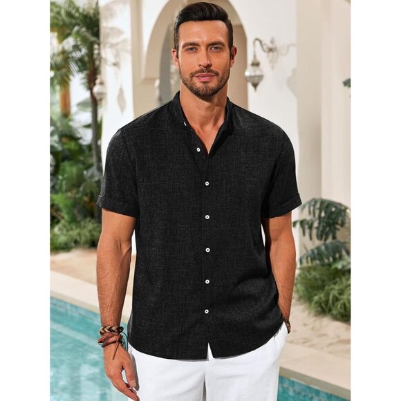💫 Men Black Casual Button Down Shirts Short Sleeve Banded Collar Hippie Tops - Picture 2 of 5
